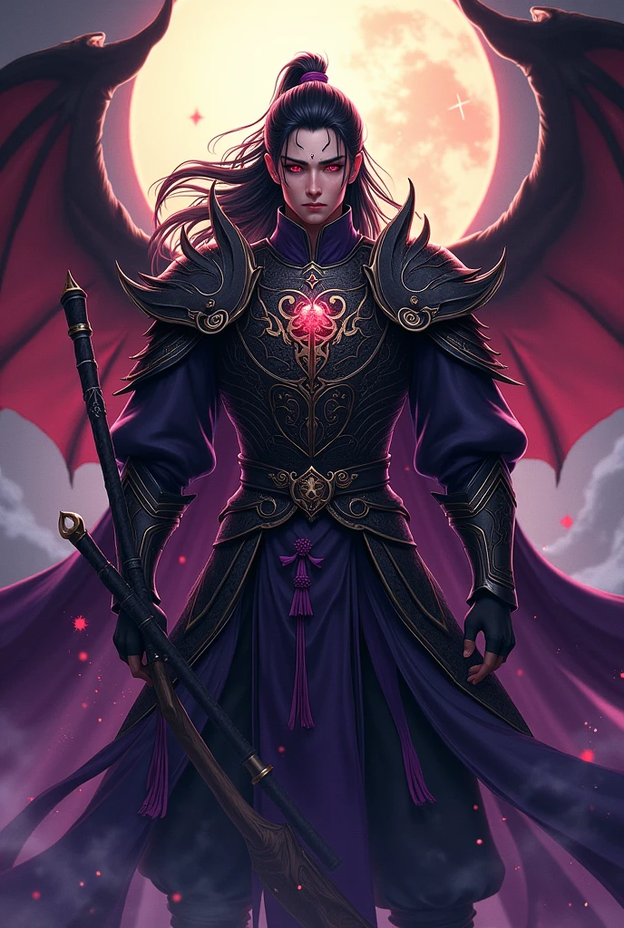 Handsome young xianxia protagonist,charming handsome,darkest Xianxia style,dark style,guy,man,long black hair, Crimson red eyes combination ,and long black with ,and the golden rune motiv scratched on his forehead,use armour featuring like God of evil with black and purple dominant color,pauldron protective shape like dragon head,breastplate featuring like qiongqi four perils Chinese beast((search reference for 4 perils Chinese beast qiongqi)),breastplate detailed qiongqi head shape,shoulder protective dragon shape like head red and blue,sun and moon and circling at the background,ultra detail,the tassel of the armour like river of galaxy, combination of black and red dominant color,darkest red dominant color, Crimson dark red dominant color armour,with majestic purple line ,held halberd of abyss,halberd extreme detailed, And demonic wings at back,demonic wings at back,terrifying aura around,24K ultra hd,face and eyes detail,lips and face detail,masterpiece ,better quality