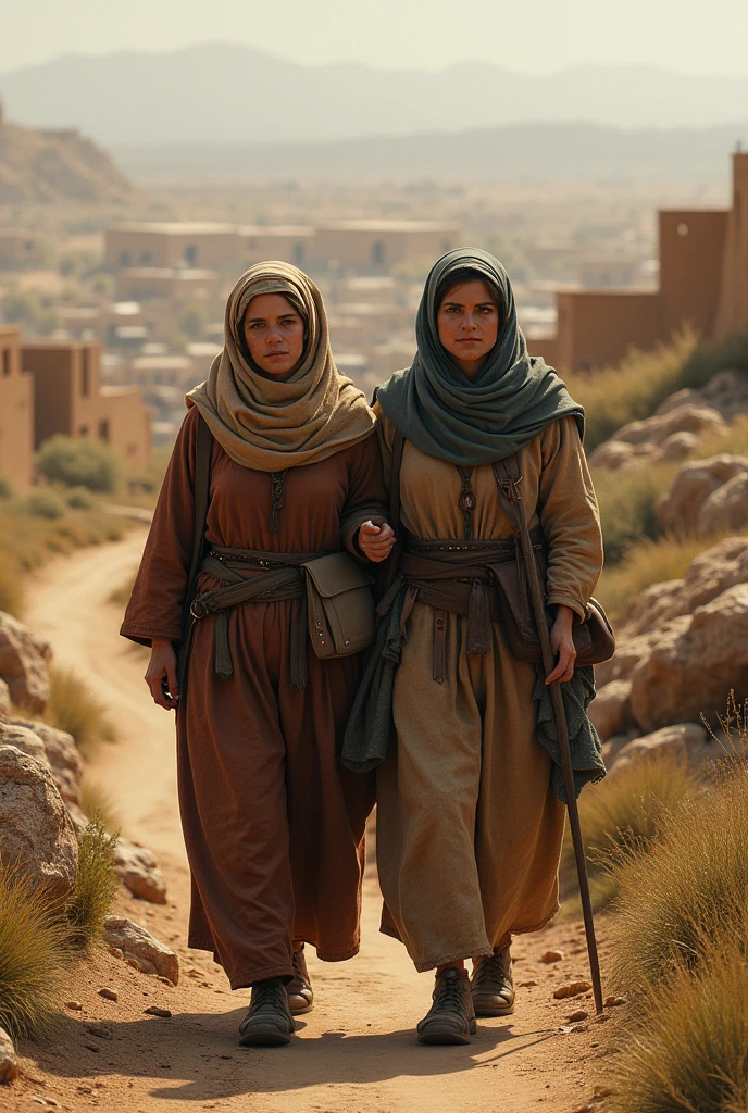 Realistic image of Ruth and Naomi from the Bible where a town of that time can be seen behind them, showing that they have already passed it