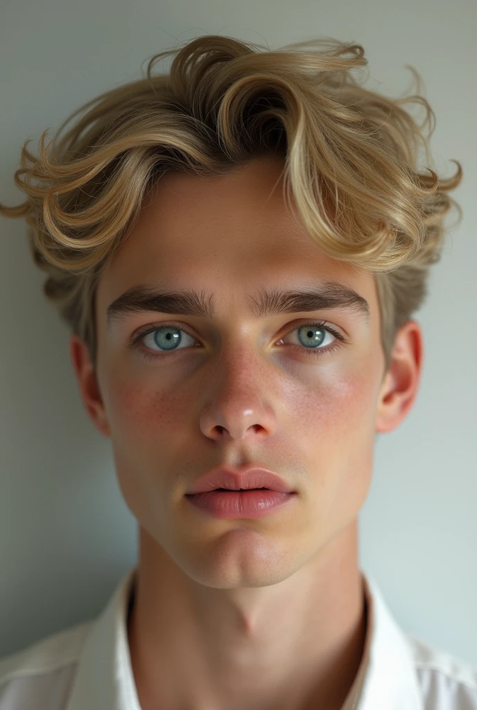 Young male, blonde slightly curly hair, deep blue eyes, fair skin with a slight tan, looks similar to bts jimin, realistic looking