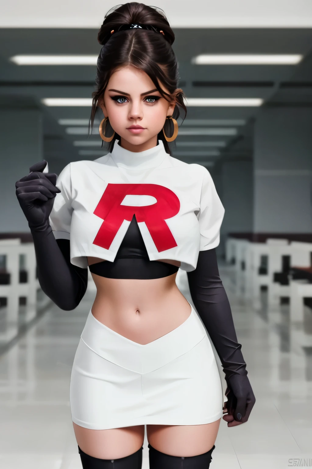 The face of Selena gomez, 1girl, solo, team rocket,team rocket uniform,white skirt,red letter R,crop top,black thigh-highs,black elbow gloves, earrings, large breasts,