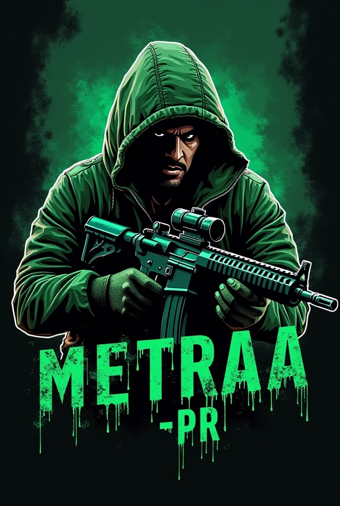 Malandro logo with a machine gun with the letter Metraa-Pr in green and black
