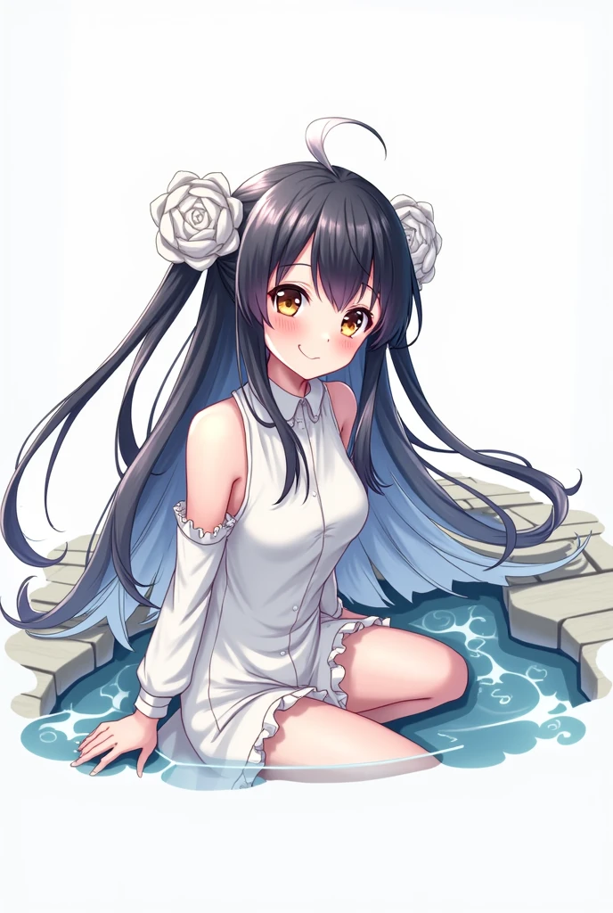 1 girl(masterpiece,top quality,best quality,official art,Beauty and aesthetics:1.2) long hair,enchanted,enchanting,Flushed complexion, playful expression while Blushing, Sitting on the stone steps by the water of a hot spring, thigh exposed.