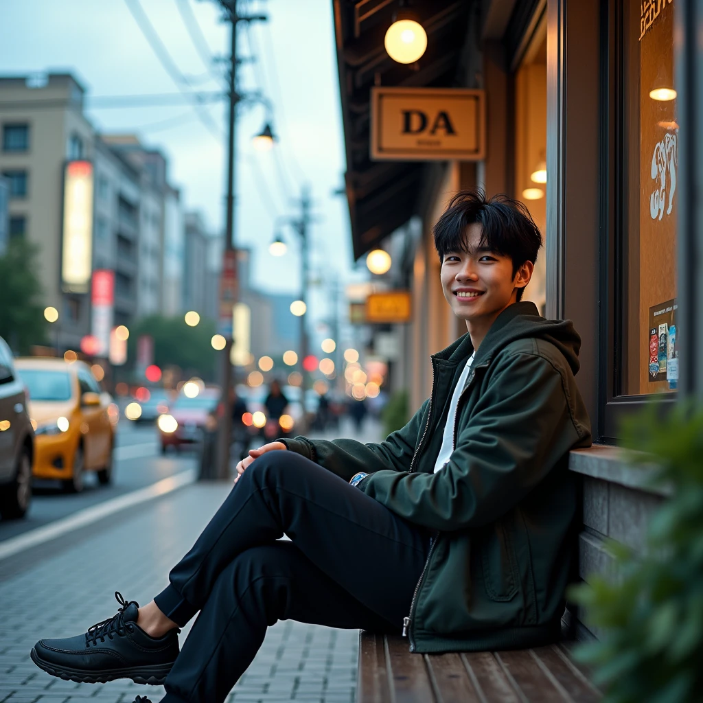 a young man shorty black messy haircut, wear t-shirt jacket clothes, long pant clothes, sit down in bench with lean back on wall behind boutique store, natural, sweetly smile, pole lamps, amazing clouds, busy, cars, motorcycle, bcycle, people, real hyper realistic, real human japanese, UHD 8k, detailed photo, perfect face, detailed places, landscape, full body, photo was taken from a distance on stone land sidewalk the tokyo city