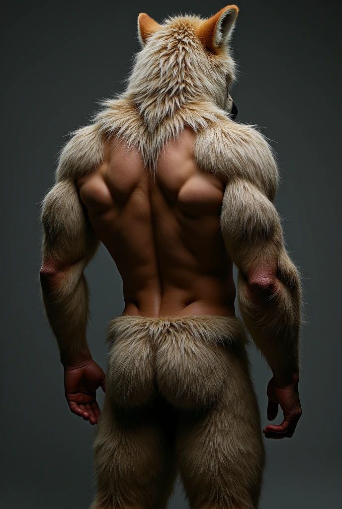 Sweaty adult male muscular furry wolf in fursuit (detailded), pose sexy, thick roll, naked bottom view 