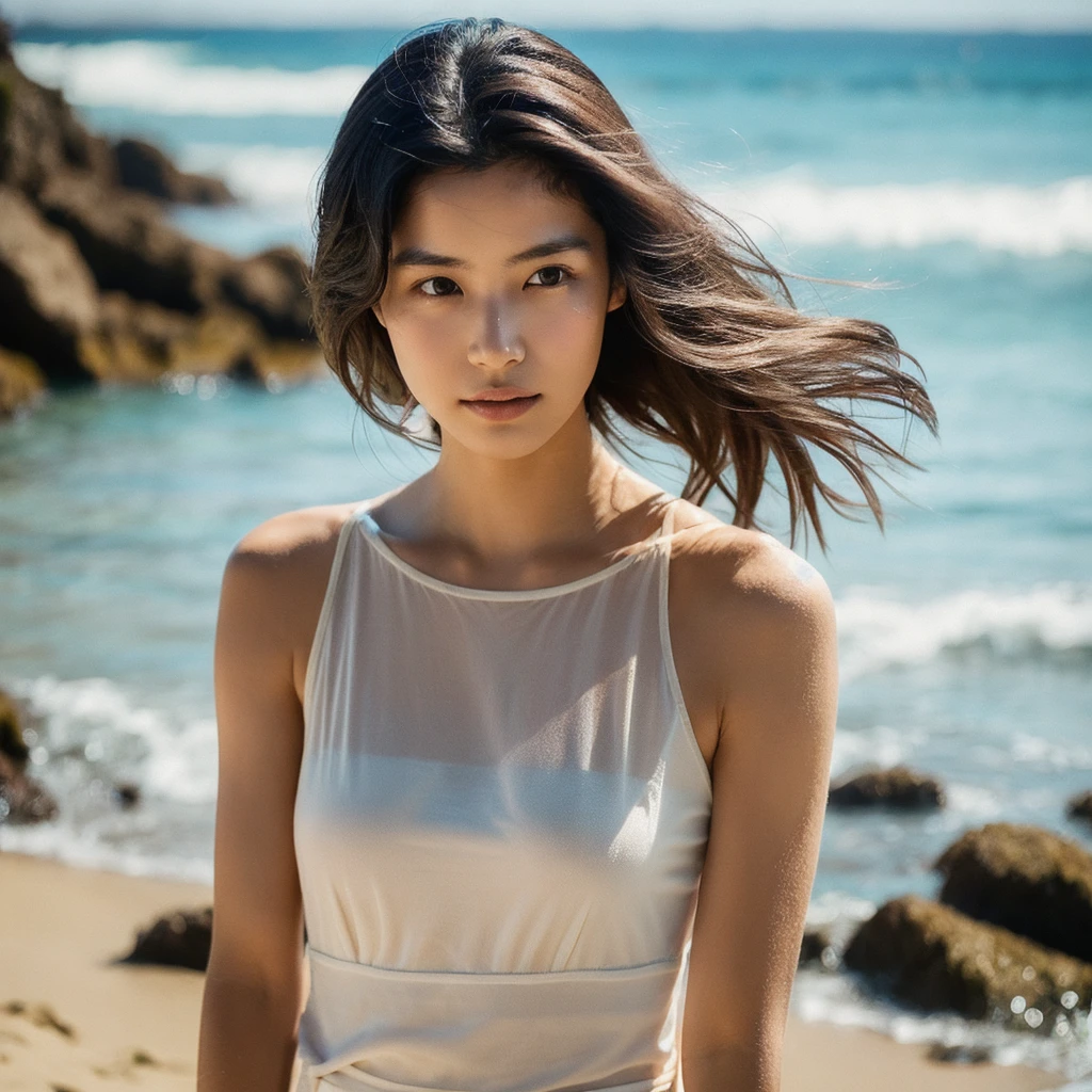 A hyper-realistic image of a single Japanese woman in her early 20s, captured with the nostalgic warmth and pronounced graininess of a film camera, showing her from the shoulders up as she stands on a sunlit beach. Her skin has a warm beige tone with a natural, visibly rough texture that includes pronounced pores, fine lines, and subtle imperfections such as small blemishes, slight unevenness, and a hint of sun exposure, contributing to the authenticity of her appearance. The texture of her skin is intentionally less smooth, with a tangible roughness that enhances the realism, making the surface appear slightly weathered by the elements. The soft, diffused natural light illuminates her face and shoulders with a gentle touch, casting shadows that subtly reveal the unevenness of her skin. Her straight, glossy black hair flows naturally in the ocean breeze, framing her face, and her deep brown eyes reflect the soft sunlight and the shimmering sea. The film camera effect amplifies the grain and texture, creating a warm, nostalgic atmosphere while maintaining the deliberately rougher, less polished texture of her skin. The composition, focused on her upper body, captures the serene elegance of the beach setting, highlighting the natural interaction of light and shadow on her skin. This combination of a rough, realistic skin texture, soft natural light, and the grainy film-like qualities ensures that the image presents an authentic, lifelike portrayal of the woman, centered on her face and shoulders.