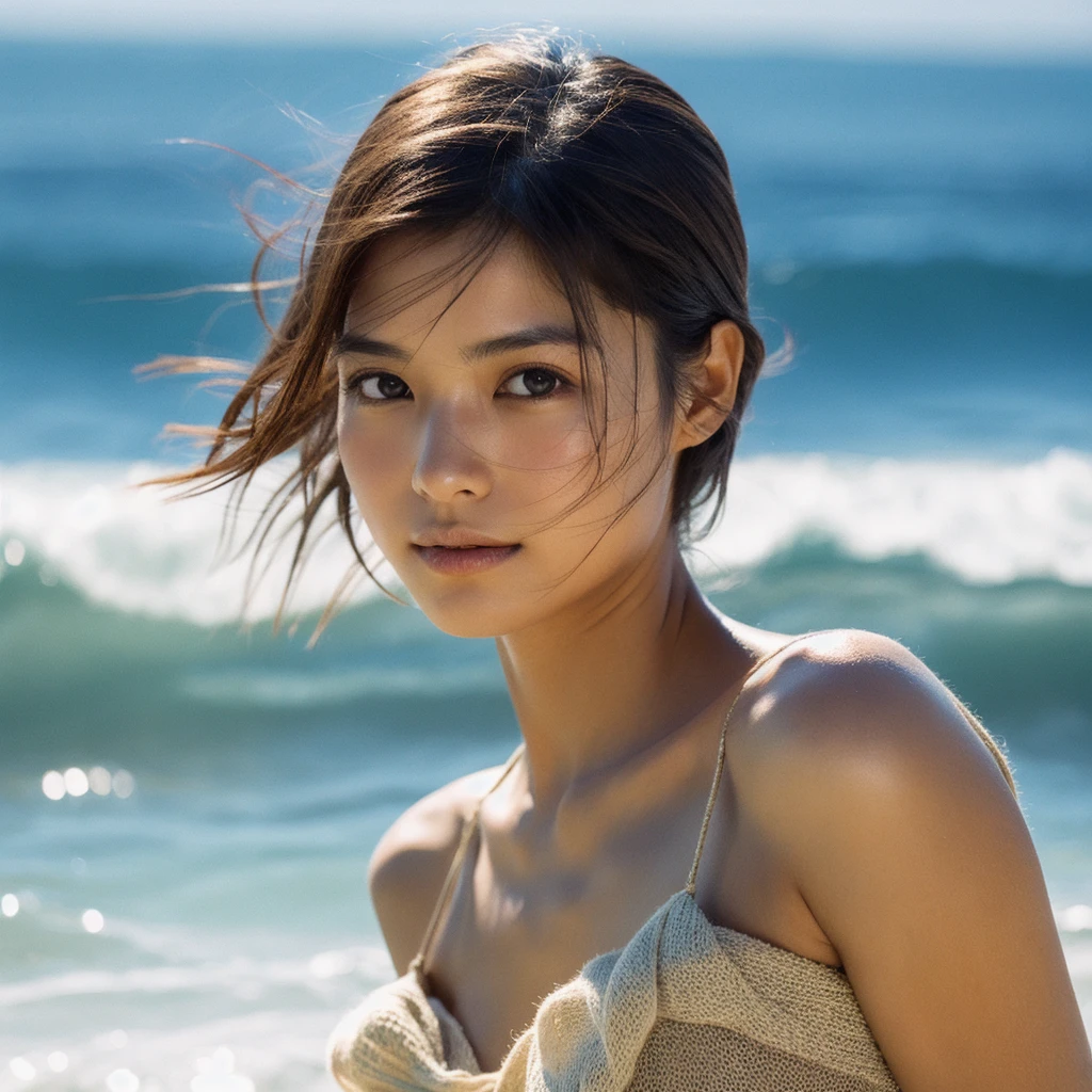 A hyper-realistic image of a single Japanese woman in her early 20s, captured with the nostalgic warmth and pronounced graininess of a film camera, showing her from the shoulders up as she stands on a sunlit beach. Her skin has a warm beige tone with a natural, visibly rough texture that includes pronounced pores, fine lines, and subtle imperfections such as small blemishes, slight unevenness, and a hint of sun exposure, contributing to the authenticity of her appearance. The texture of her skin is intentionally less smooth, with a tangible roughness that enhances the realism, making the surface appear slightly weathered by the elements. The soft, diffused natural light illuminates her face and shoulders with a gentle touch, casting shadows that subtly reveal the unevenness of her skin. Her straight, glossy black hair flows naturally in the ocean breeze, framing her face, and her deep brown eyes reflect the soft sunlight and the shimmering sea. The film camera effect amplifies the grain and texture, creating a warm, nostalgic atmosphere while maintaining the deliberately rougher, less polished texture of her skin. The composition, focused on her upper body, captures the serene elegance of the beach setting, highlighting the natural interaction of light and shadow on her skin. This combination of a rough, realistic skin texture, soft natural light, and the grainy film-like qualities ensures that the image presents an authentic, lifelike portrayal of the woman, centered on her face and shoulders.