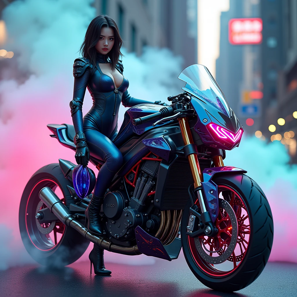 an elegant, monster-style modified sports motorbike with complicated and cool modifications in black and red with beside it is a young Korean woman wearing a polite racing sexy suit of blue, wearing hotpants,red and green, while holding a purple full face helmet facing the camera. the breast open suit, big breast, on the road with subtle colorful gradient smoke effects. city cybernetics background, add cybernetics parts neon on motorcycle. make neon glowing.