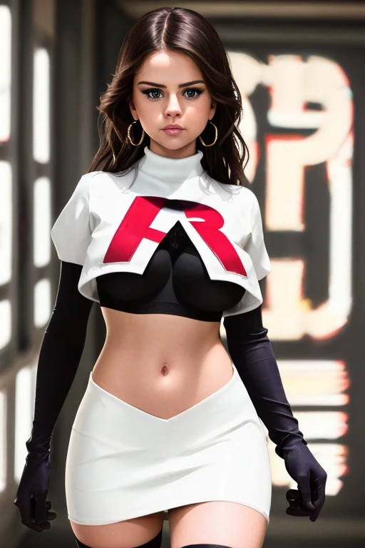 The face of Selena gomez, 1girl, solo, team rocket,team rocket uniform,white skirt,red letter R,crop top,black thigh-highs,black elbow gloves, earrings, large breasts,