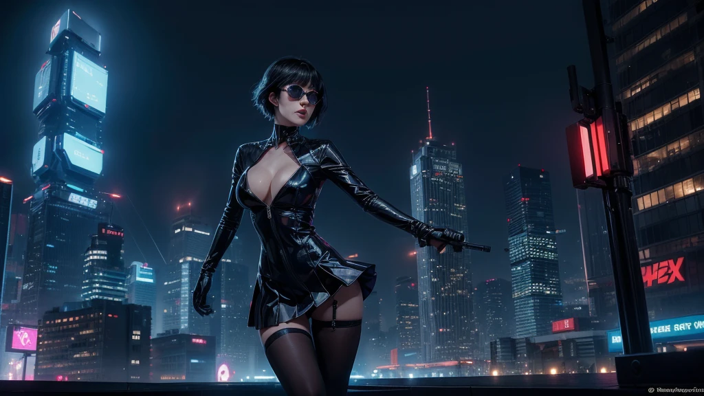 (Wide angle view). "ghost in the shell" film inspired futuristic Tokyo city, simple outlined neon tall buildings, (OLED holographic portrait on buildings), glowing giant clock tower, 1drone, lightning, 3D rendering Beeple. At night, (1girl, solo, alone), photorealistic, medium-breast slim:0.6 body, oval:0.5 face, cleavage:1.1, sexy costume with deep-v, low view pleated miniskirt, glove, (Matrix style black micro sunglasses), ((aiming viewer with a short gun)), (running pose), (half-body thigh level close-up shot), cinematic lighting, ray tracing.