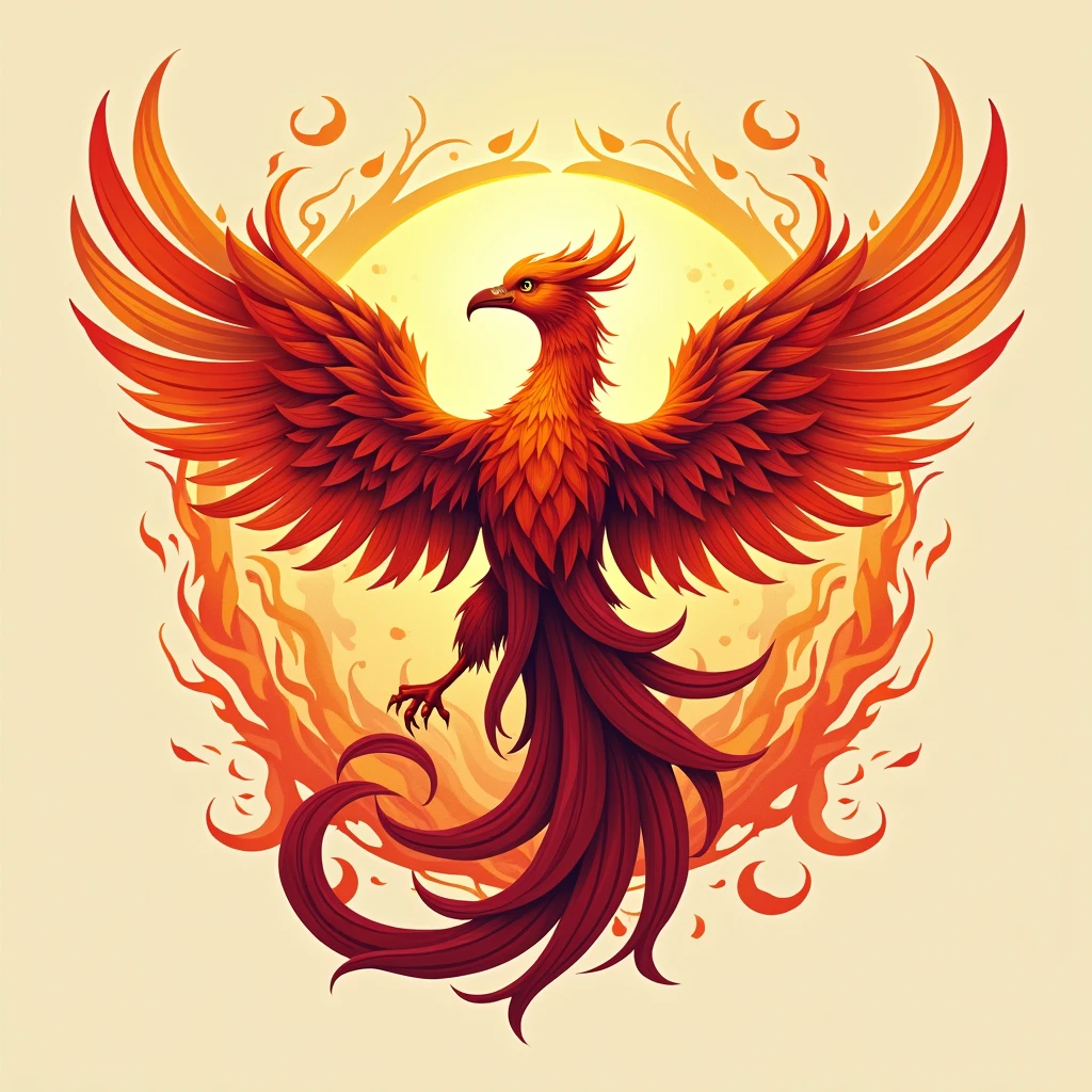 "Create a logo featuring a phoenix rising from abstract flames, symbolizing rebirth and self-empowerment. Use warm colors like reds, oranges, and golds to evoke strength and transformation. The design should be bold yet graceful, with the phoenix’s wings extended upward to represent overcoming loneliness and moving forward. Incorporate subtle, swirling lines around the phoenix to suggest motion and energy."


