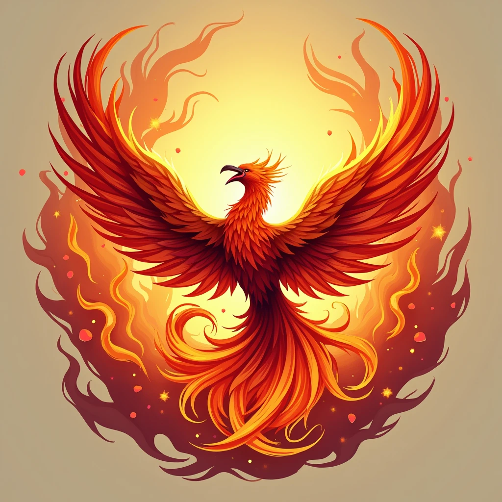 "Create a logo featuring a phoenix rising from abstract flames, symbolizing rebirth and self-empowerment. Use warm colors like reds, oranges, and golds to evoke strength and transformation. The design should be bold yet graceful, with the phoenix’s wings extended upward to represent overcoming loneliness and moving forward. Incorporate subtle, swirling lines around the phoenix to suggest motion and energy."

