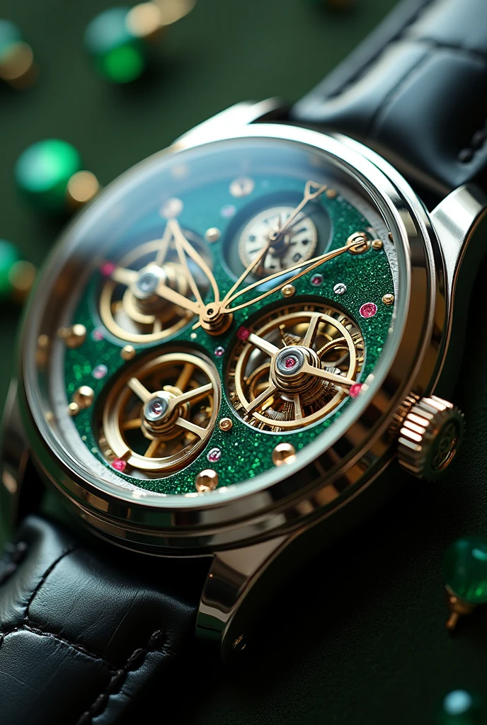 Close-up of the mechanism of an automatic watch open heart watch camera focused on all the gears and movement mechanisms, its entire mechanism with (((green rubies))) Very bright and beautiful pinions, very detailed and perfect seen through the very fine and bright glass mica that reflects the environment, Highly polished stainless steel metal case