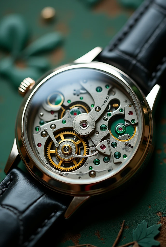 Close-up of the mechanism of an automatic watch open heart watch camera focused on all the gears and movement mechanisms, its entire mechanism with (((green rubies))) Very bright and beautiful pinions, very detailed and perfect seen through the very fine and bright glass mica that reflects the environment, Highly polished stainless steel metal case