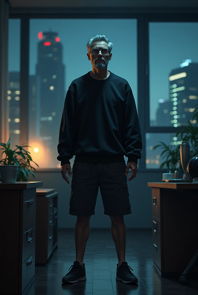 Realistic magic of a man in shorts, gray hair, wearing glasses, wearing a black sweatshirt, Expression of fear, standing, setting up a night office, night buildings in the landscape through the window