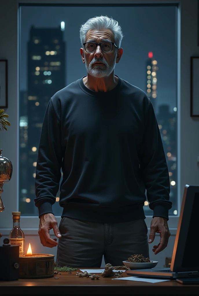 Realistic magic of a man in shorts, gray hair, wearing glasses, wearing a black sweatshirt, Expression of fear, standing, setting up a night office, night buildings in the landscape through the window  