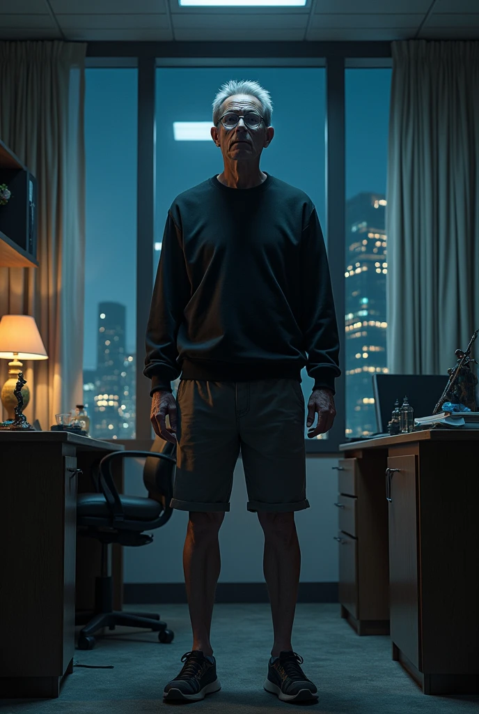 Realistic magic of a man in shorts, gray hair, wearing glasses, wearing a black sweatshirt, Expression of fear, standing, setting up a night office, night buildings in the landscape through the window