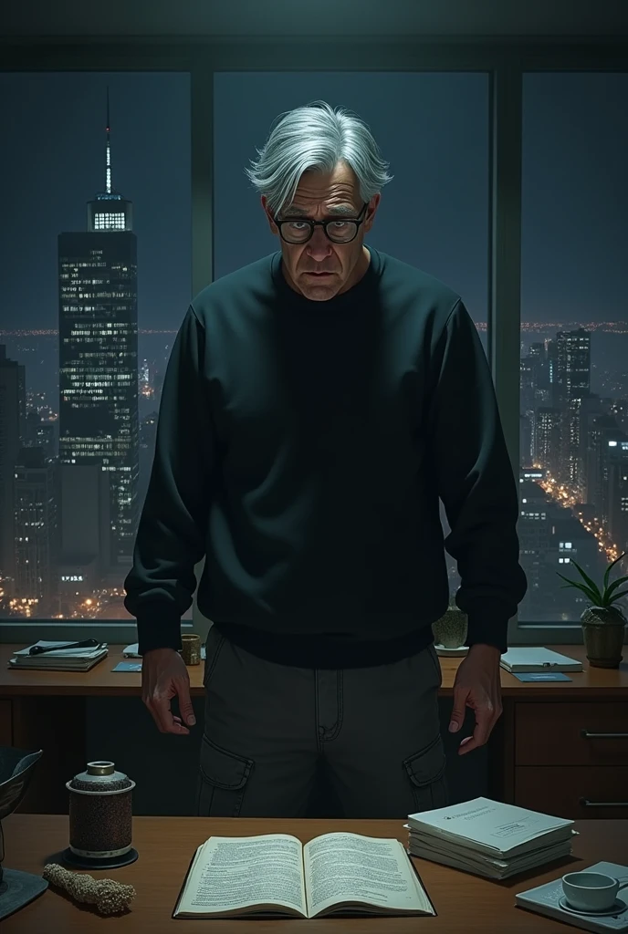 Realistic magic of a man in shorts, gray hair, wearing glasses, wearing a black sweatshirt, Expression of fear, standing, setting up a night office, night buildings in the landscape through the window