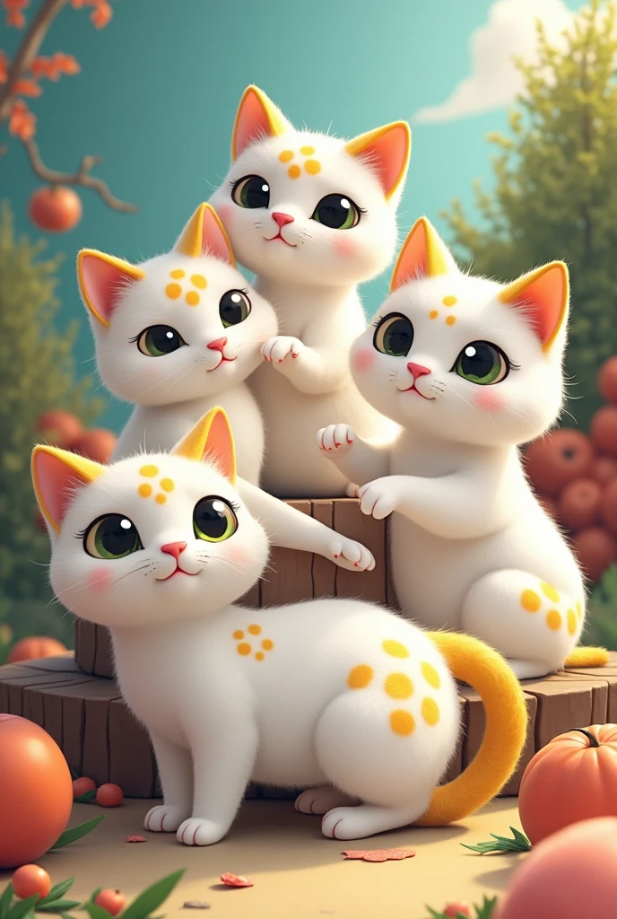 Believe me, several white cats with black and yellow spots in different animated angles 
