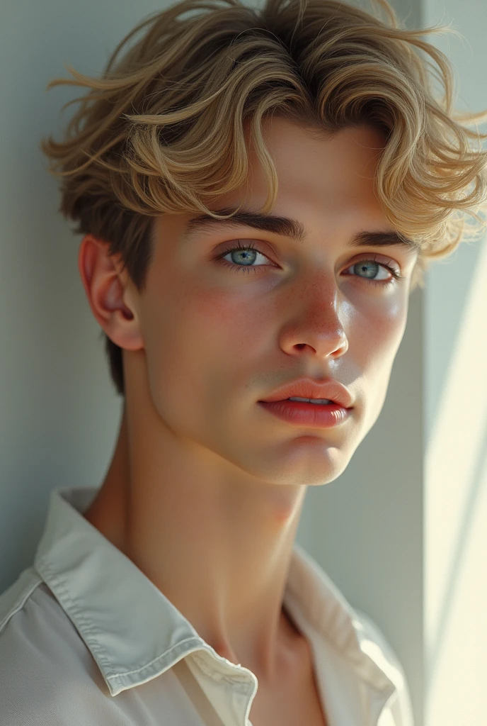 Young male, blonde slightly curly hair, deep blue eyes, fair skin with a slight tan, looks similar to bts jimin, realistic looking