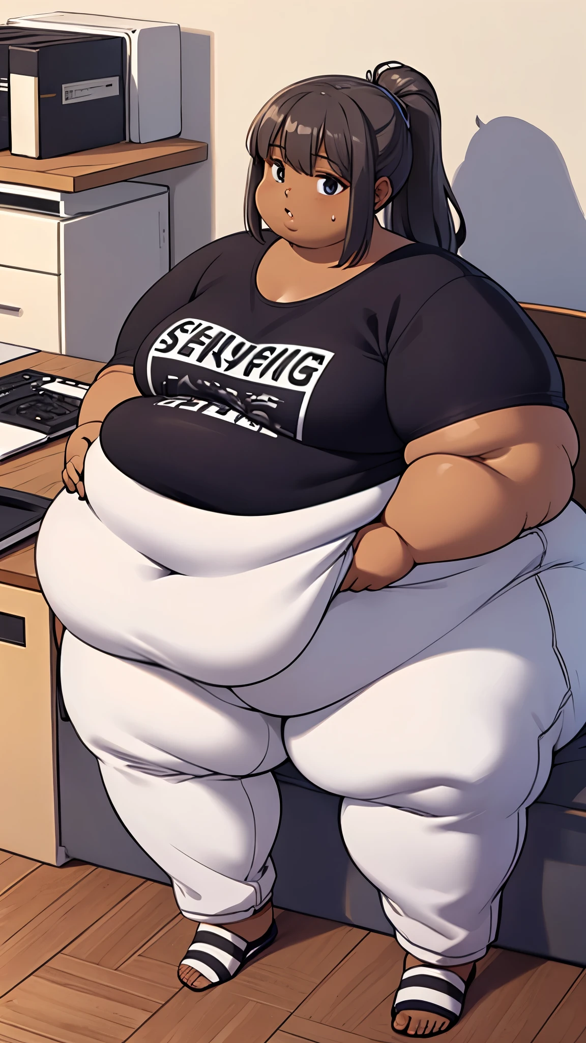 Extremely obese African woman, fat blob, fat arms, fat face, fat legs, fat rolls, brown skin, grey shoulder legth hair,, wearing a blue T-shirt and loose sweatpants, sitting on the floor, fag blob