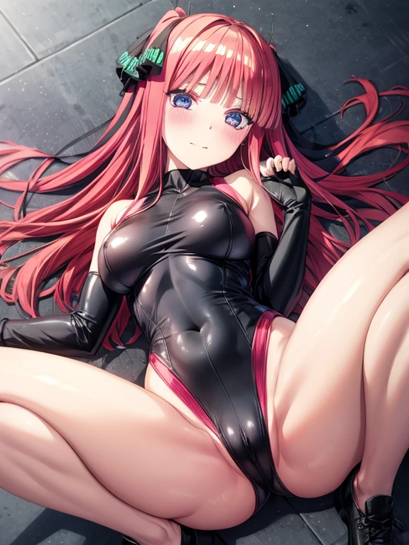 best quality, insanely detailed, nino nakano, breasts, blush, looking at viewer, cheerful eyes, arousal,long sleeve leotard, highleg leotard, athletic leotard, tight leotard, full body, spread legs, The Girl Who Flies Through the Air