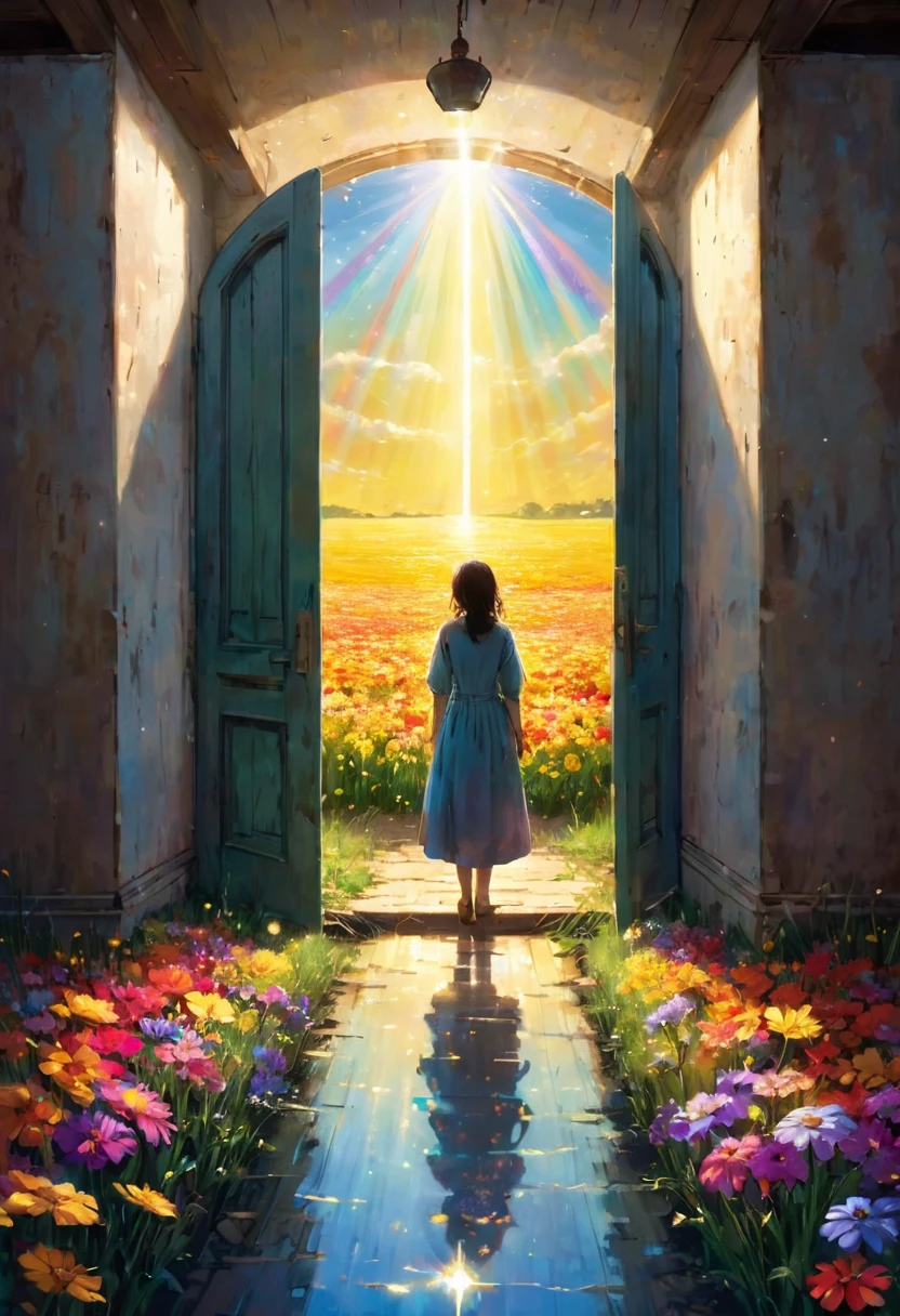 A powerful and symbolic scene where bright light floods in as soon as you open a weathered old door. The figure stands in a doorway, bathed in warm light pouring in from the other side, revealing a bright, vast world beyond. The sky is blue, there are few clouds, there is a big rainbow, and the natural scenery of colorful flower fields stretches far into the distance. It expresses the moment you step into a new world, filled with hope and a sense of accomplishment. The contrast between the dark interior and the bright, open exterior emphasizes themes of transformation and new beginnings, and emphasizes an overall sense of optimism and accomplishment. The figurine emits light, creating a light effect around it and spreading light ripples throughout. please. Add shine with light radiation and fine particles. The design has a bright and warm feel that will warm the hearts of those who see it.