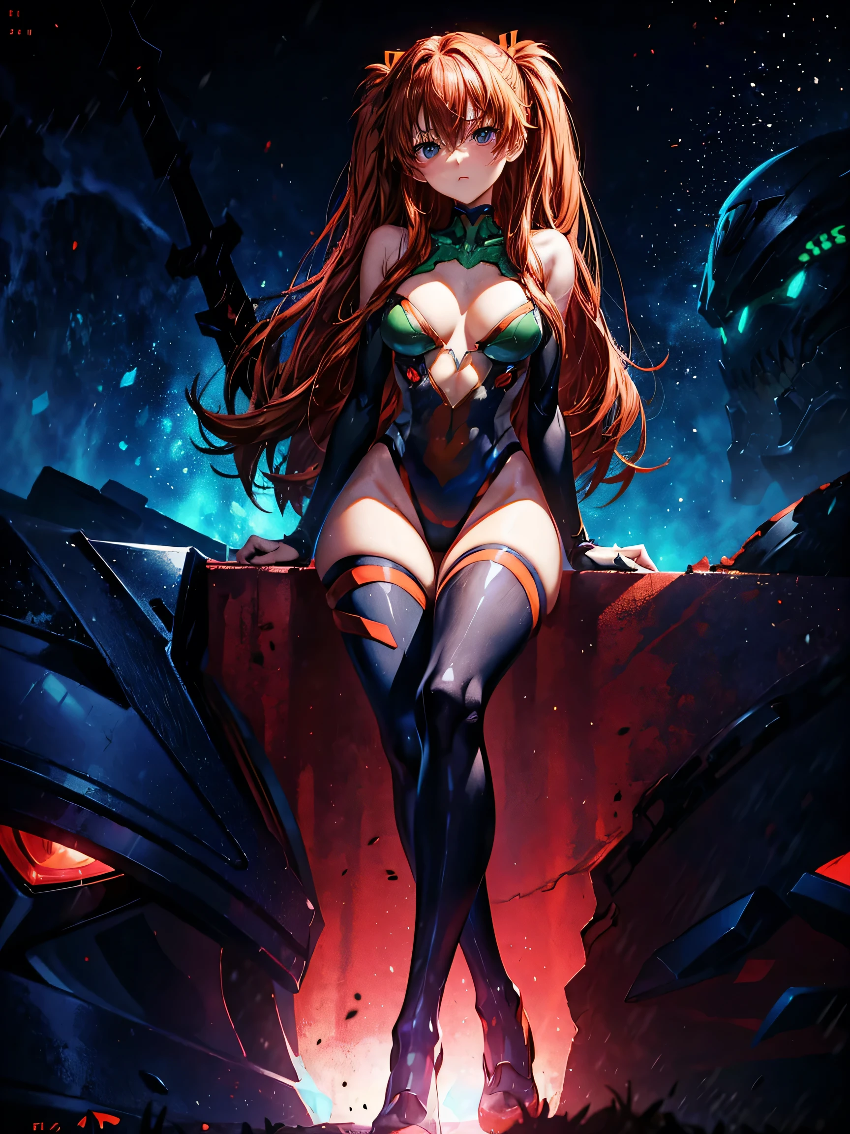 zavy-fzzgrfft, manga of Asuka Langley, dynamic lighting, dots, screentone, evangelion, cleavage, busty, thick thighs, standing, arms behind back, sitting, legs spread, big blue eyes, ulzzang, thigh highs,
