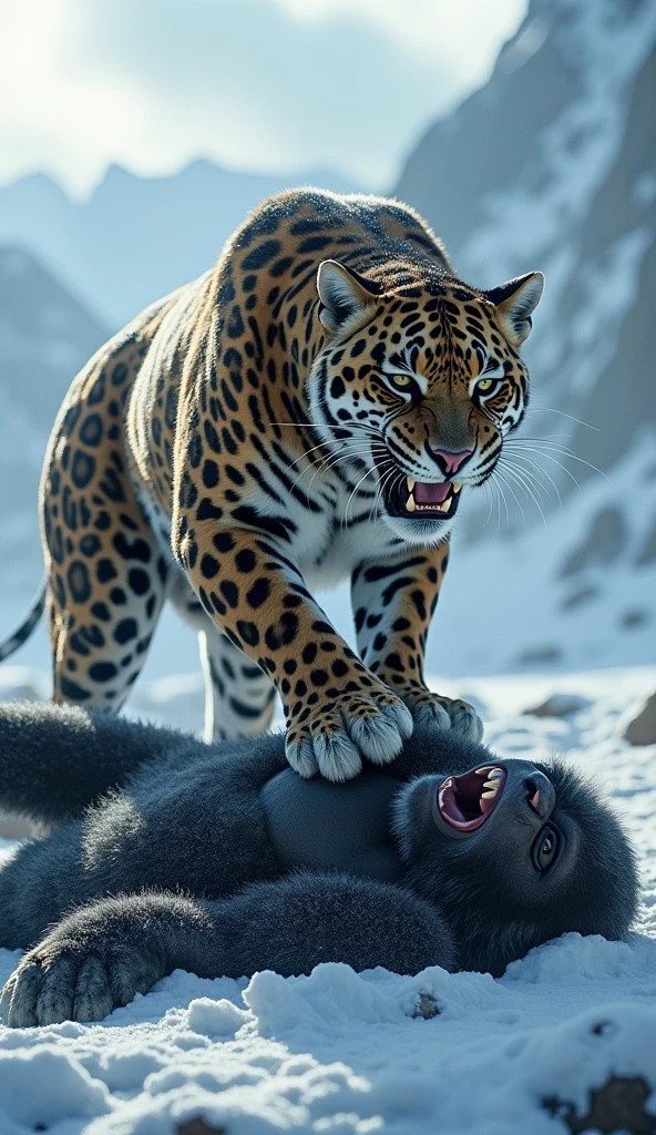 A fierce jaguar stands triumphantly on the back of a defeated gorilla in a snowy landscape. The jaguar is mid-roar, showcasing its sharp teeth and distinctive spotted fur, while the gorilla lies on the ground, eyes wide and mouth agape in a snarl. The background features rugged mountains and a cool-toned sky, hinting at a dramatic setting. The word JAGUAR is displayed prominently at the top with a crown emoji.