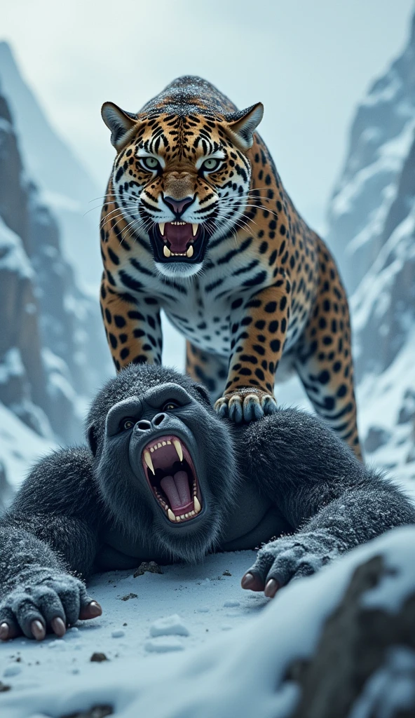 A fierce jaguar stands triumphantly on the back of a defeated gorilla in a snowy landscape. The jaguar is mid-roar, showcasing its sharp teeth and distinctive spotted fur, while the gorilla lies on the ground, eyes wide and mouth agape in a snarl. The background features rugged mountains and a cool-toned sky, hinting at a dramatic setting. The word JAGUAR is displayed prominently at the top with a crown emoji.