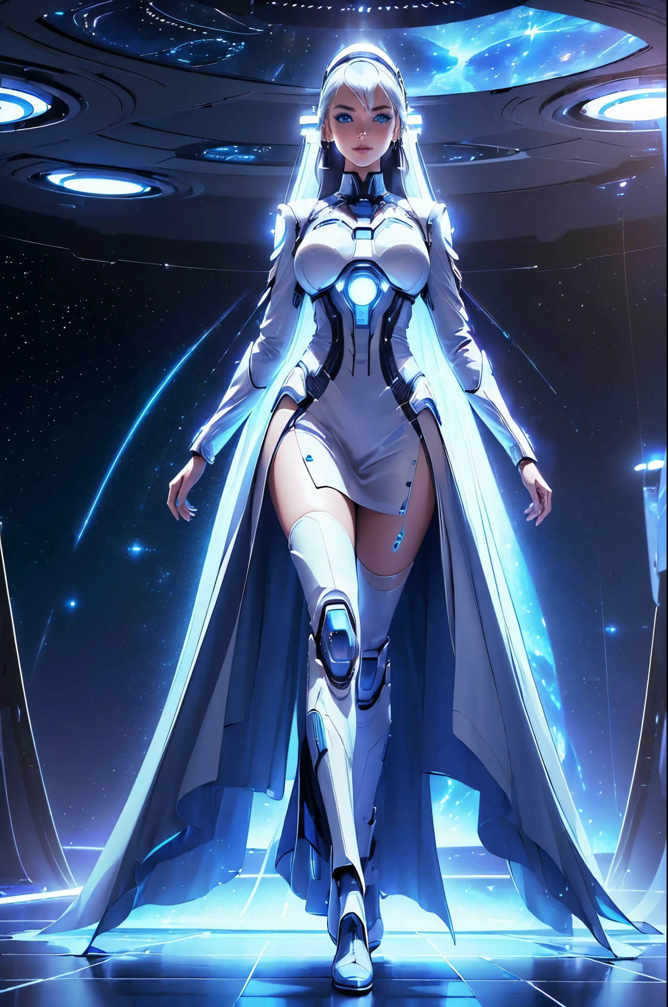 (Future World Fashion Show: 1.5),(Future sci-fi beauty model catwalk: 1.5), Smiling female model,Elegant and dignified posture,Wearing a blue dress,Blue fluorescence,Starry sky pattern,The secrets of the universe,Future distribution,Silvery white glow,Soft touch,Silver-blue eye makeup,Cosmic Starlight,virtual future runway,(Sci-fi Fashion Fashion Show: 1.5),(Huge high-tech catwalk: 1.5),(There was only one female model at the catwalk),Realistic images,8K, Ultra high quality, masterpiece, precise, Textured Skin, High Detail, best quality, Awards,((Long-range shooting,Sense of distance,Full body image))