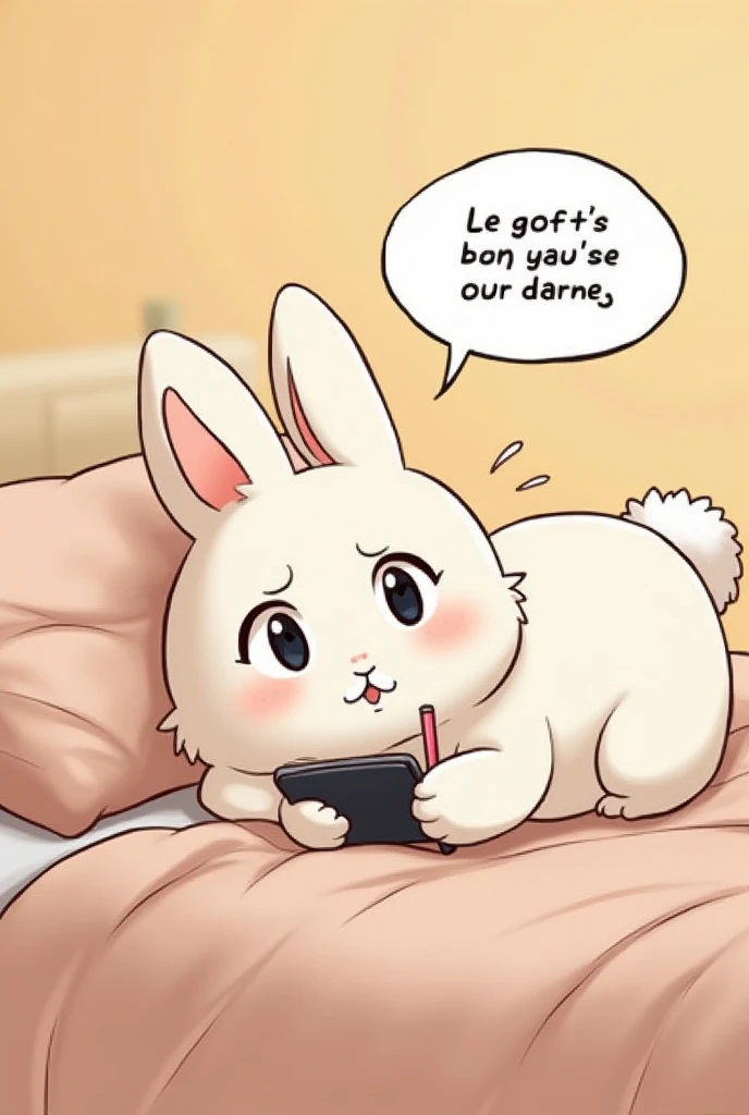 Male rabbit, writing a message on a phone, with a speech bubble that says Hello, rabbit. How are you? Busy?. lying on a bed