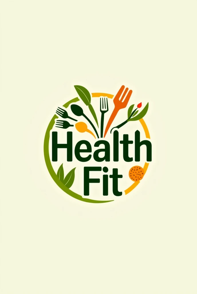 Create a modern and eye-catching logo for a healthy food and dessert business called &#39;HEALTH FIT&#39;. The design must be clean, vibrant and contemporary, using a color palette that includes shades of green, Orange and yellow to convey health and freshness. The name &#39;HEALTH FIT&#39; should be the central point of the logo, highlighted with bold, stylish typography. Include visual elements that symbolize both healthy eating and exercise, like a fork, a spoon and some weights, para enfatizar el enfoque en el welfare integral. The overall design should communicate vitality, welfare, and energy, Attracting an audience that values health and active lifestyle.