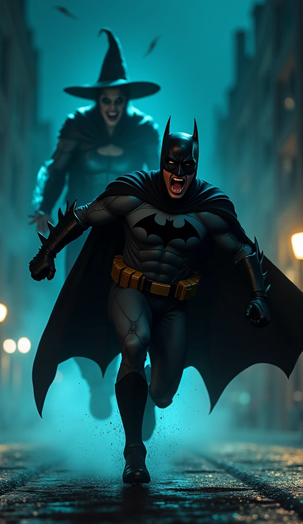 Make a picture of Batman running away in the night screaming after seeing a scary witch, vibrant