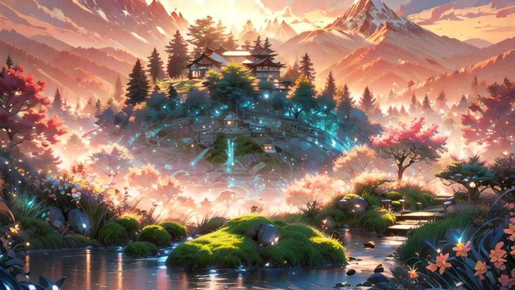 a futuristic small low pod home in a beautiful japanese garden, incredible view with dramatic mountain range, rocks plants flowers shrubs bushes trees moss lawns grass,colourful sunset and strong sunbeams,very hazy,extreme details,photorealistic,4k,HD,beautiful,nature, dreamy, low shot,ground level photo, good luminosity, high ambience,magical, dusk, magic hour