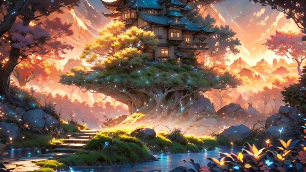 a futuristic small low pod home in a beautiful japanese garden, incredible view with dramatic mountain range, rocks plants flowers shrubs bushes trees moss lawns grass,colourful sunset and strong sunbeams,very hazy,extreme details,photorealistic,4k,HD,beautiful,nature, dreamy, low shot,ground level photo, good luminosity, high ambience,magical, dusk, magic hour