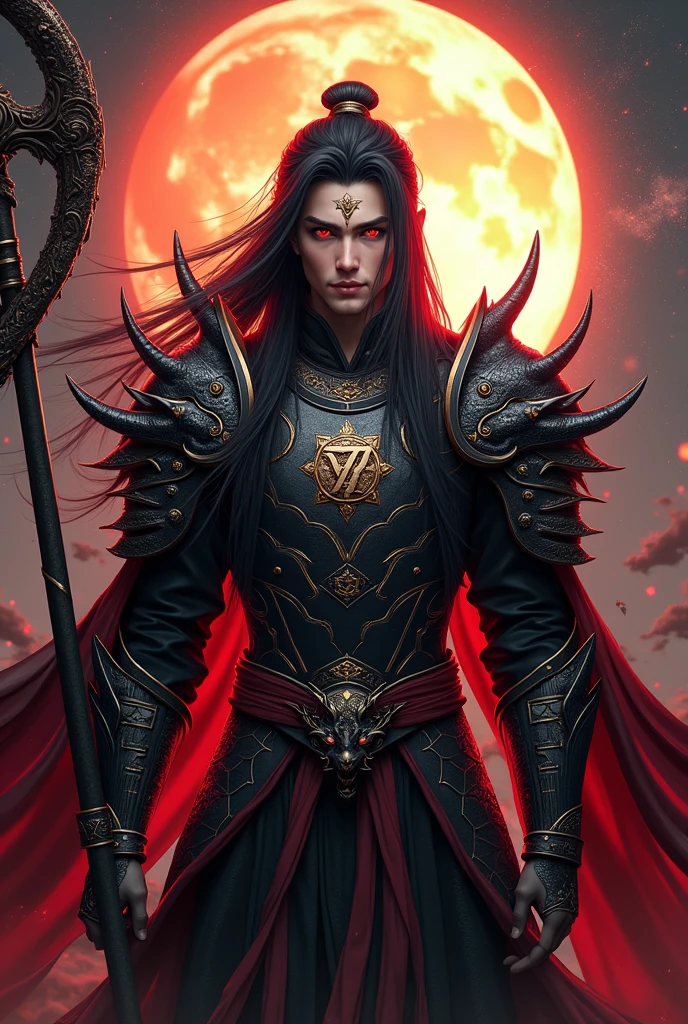 Handsome young xianxia protagonist,charming handsome,darkest Xianxia style,dark style,guy,man,long black hair, Crimson red eyes combination ,and long black with ,and the golden rune motiv  scratched on his forehead,use armour featuring like God of evil  with black and  purple dominant color,pauldron protective shape like dragon head,breastplate featuring like qiongqi four perils Chinese beast((search reference for 4 perils Chinese beast qiongqi)),breastplate detailed qiongqi head shape,shoulder protective dragon shape like head red and blue,sun and moon and circling at the background,ultra detail,the tassel of the armour like river of galaxy, combination of black and red dominant color,darkest red dominant color, Crimson dark red dominant color armour,with majestic silver line ,held  halberd of abyss,halberd extreme detailed, And demonic wings at back,demonic wings at back,terrifying aura around,24K ultra hd,face and eyes detail,lips and face detail,masterpiece ,better quality 