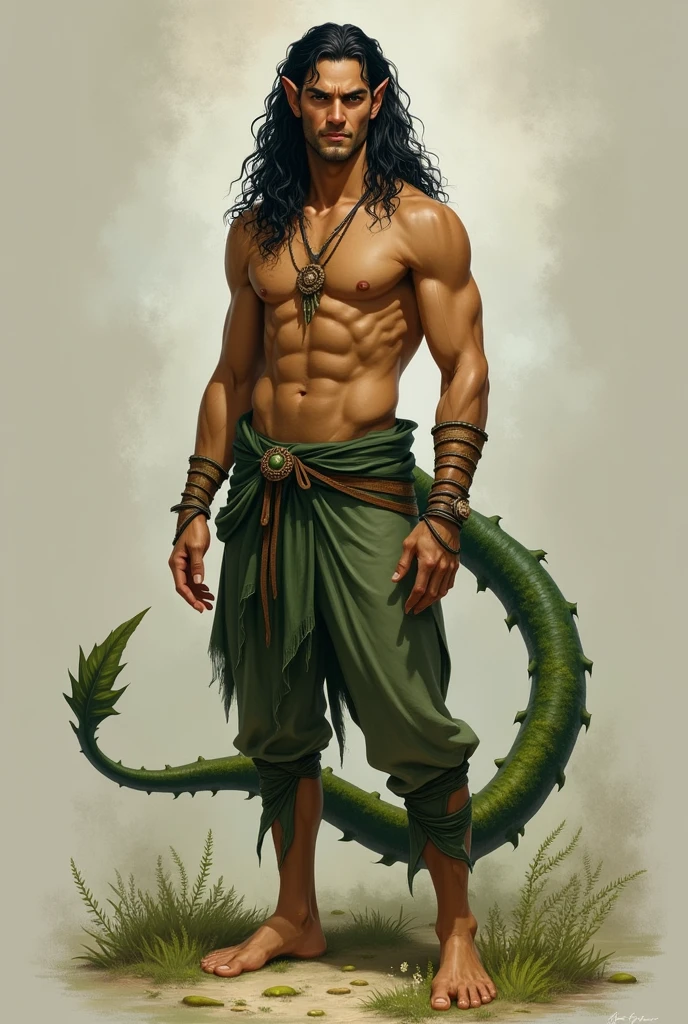 Create an image of a one 2 human druid with short pointed ears and tanned skin. He has long curly black hair and wears a simple moss-green outfit. The druid is barefoot, and his fingernails are slightly pointed. He also has a DEMONIC TAIL but no horns. without much muscle