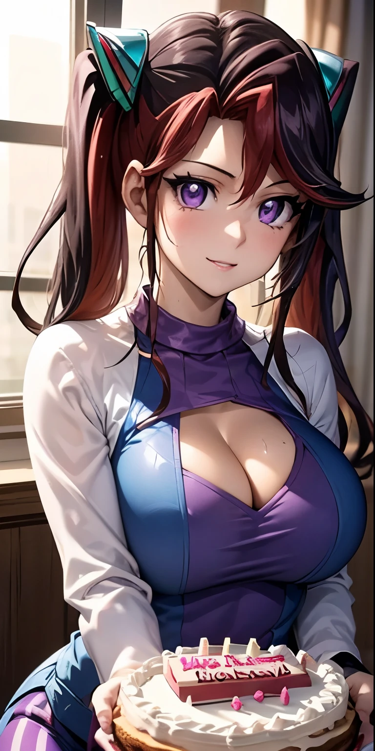 1 Female,High definition,high resolution,Ultra-realistic,8K, yu-gi-oh! arc-v,
akaba_ray, 1girl, solo, 18 year-old girl, long hair, twintails, purple eyes, long-sleeved shirt, hair ornament, dress, (blue, purple pantyhose, striped legwear:1.2),European,sexy,Upper body close-up,Photographed from the front,Dynamic Angles,blush, huge tits , happy, wink the eye,facial, sweat,multicolored hair ,(holding a big birthday cake),(show cake),(happy birthday message),(cleavage)