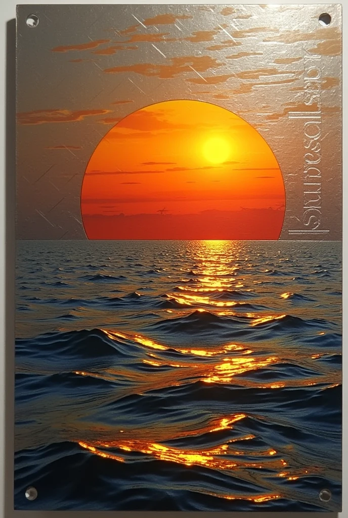 Steel sheet design, proportion 16:9, vertically, carved with the sunset of the sun hiding in the sea, In the upper right corner there is a text in Spanish that says “the sunsets”