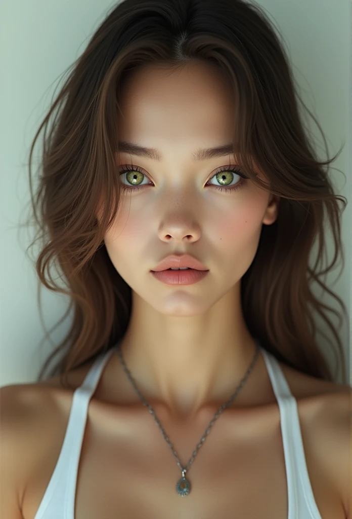 arafed woman with a white tank top and a necklace, sexy girl with green eyes, portrait sophie mudd, brown hair and large eyes, selfie of a young woman, bedroom eyes, violet myers, without makeup, natural makeup, looking directly at the camera, face with artgram, subtle makeup, stunning full body shot, piercing green eyes, beautiful angle, attractive pose, cute girl, sexy pose, full body picture, full body, full body shoot, wearing grey skirt and boots, (masterpiece:1.2,exceptional quality, mirror-like , Cinematic experience, Photorealistic:2.0, CRUDE pictures:2.0, Super detailed), 8k, wallpaper,(Shot rendering through holograms:2.0), (Beautiful woman:2. 0), female cyborg, (Design of a Female Cyborg:2.0),(Drawing back view:2.0), (Cutting edge design:2.0), (Drawing detailed shots:2.0), (Numerous notes on setting:2.0), (Beautiful face, Beautiful eyes, Beautiful hair).