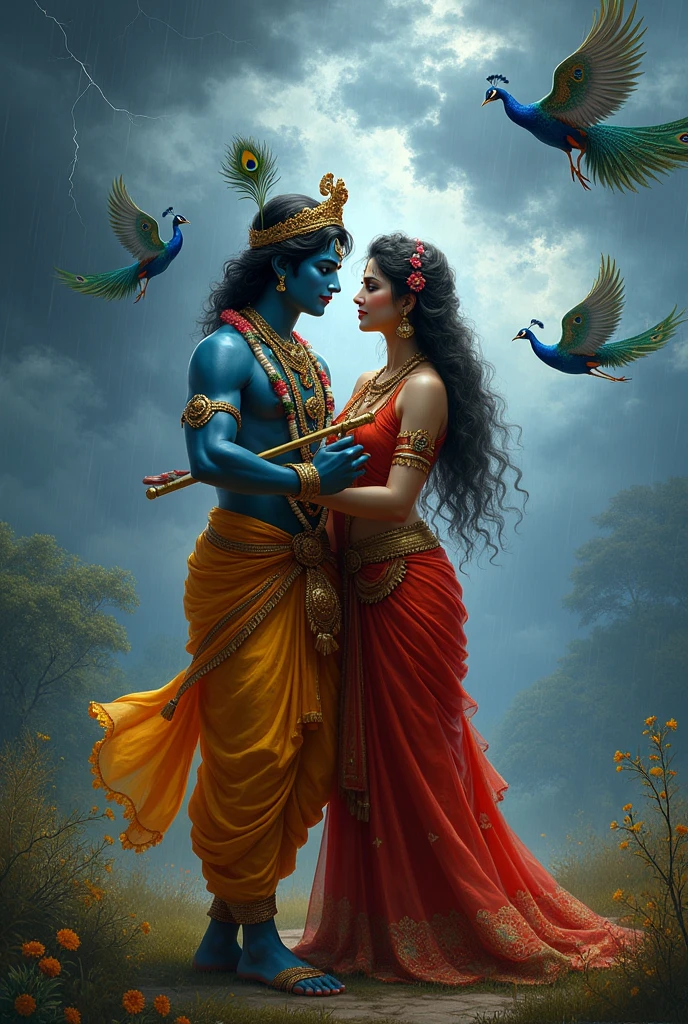 A 8k picture of lord krishna and a flute 
in his hand with shree radhika she is standing aside of the krishna 
and thunderstorms blowing in his background also some peacocks are flying around him for laptop 