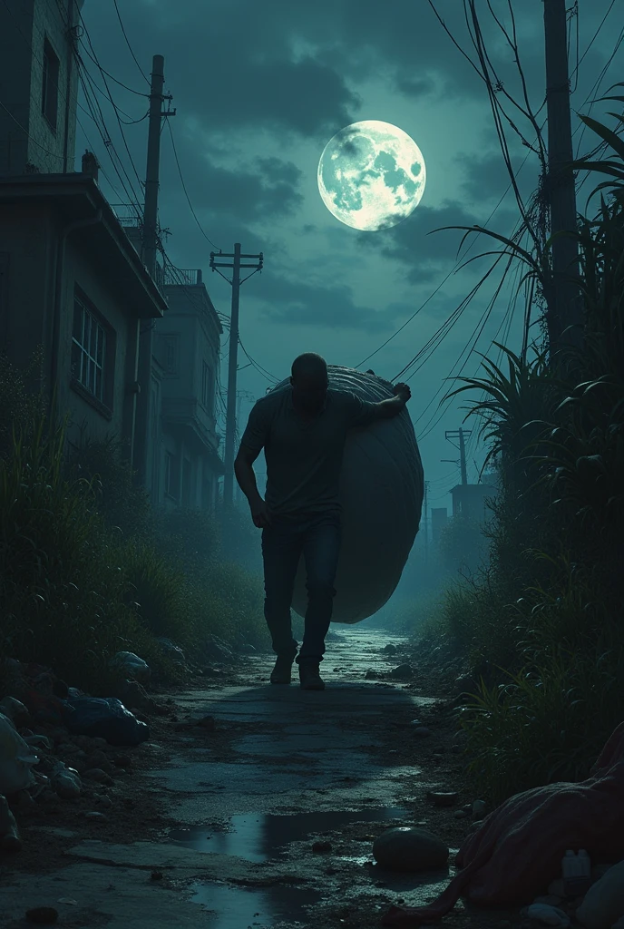 visualizes a man dragging a  in a night, in a weedy area, and garbage