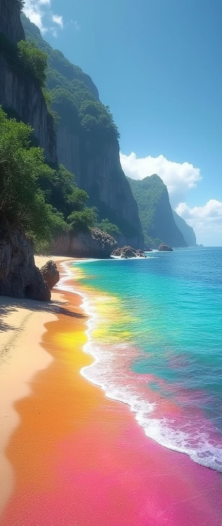 a hyper realistic rendering of a beach where the ocean is rainbow color, psychedelic, inspired by an artist high on drugs, rainbow color, super sharp color, very well defined, 4k