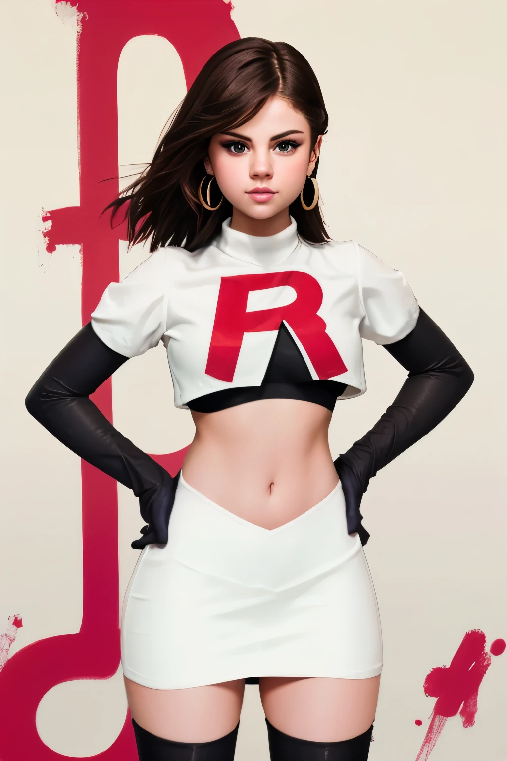 The face of Selena gomez, 1girl, solo, team rocket,team rocket uniform,white skirt,red letter R,crop top,black thigh-highs,black elbow gloves, earrings, large breasts, 