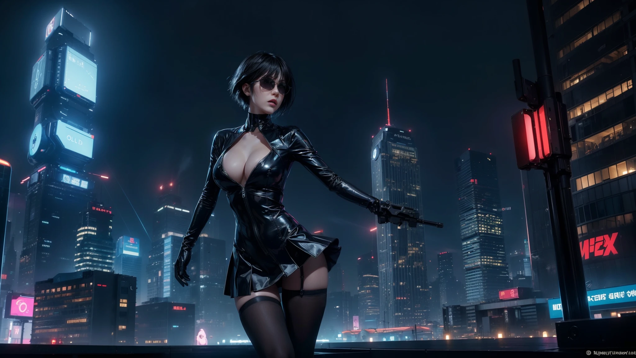 (Wide angle view). "ghost in the shell" film inspired futuristic Tokyo city, simple outlined neon tall buildings, (OLED holographic portrait on buildings), glowing giant clock tower, 1drone, lightning, 3D rendering Beeple. At night, (1girl, solo, alone), photorealistic, medium-breast slim:0.6 body, oval:0.5 face, cleavage:1.1, sexy costume with deep-v, low view pleated miniskirt, glove, (Matrix style black micro sunglasses), ((aiming viewer with a short gun)), (running pose), (half-body thigh level close-up shot), cinematic lighting, ray tracing.