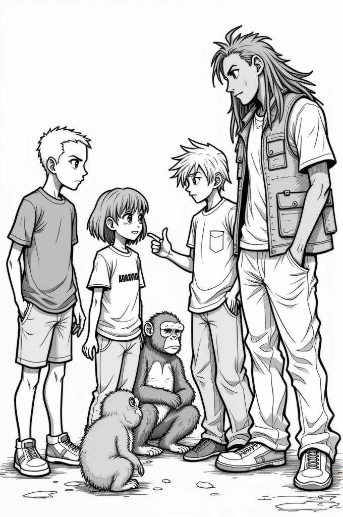 an image with 5 people interacting with each other, a young bald black man in a black t-shirt, a short young woman with bangs and an argentina shirt, a young man with messy, wavy white hair wearing a white t-shirt and baggy pants, a tall young black man with dreadlocks wearing a military vest, and a chimpanzee. Made with thick, gothic lines from the anime Soul Eater