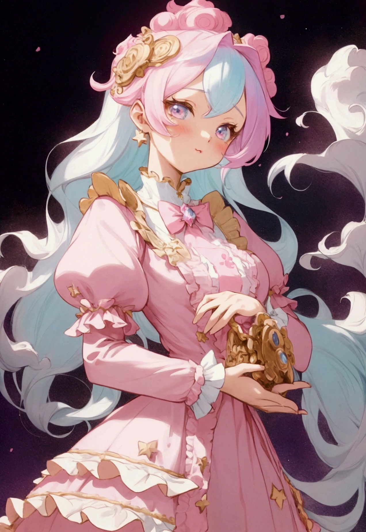 A magical girl in an anime style, inspired by the Rococo era, blending ornate and intricate designs with a modern anime aesthetic. The character should be dressed in an elaborate, frilly outfit with pastel colors, incorporating stars and celestial elements to give a magical, otherworldly vibe. The background should be a dreamy, ethereal scene with soft, glowing lights and delicate, flowing patterns. The overall atmosphere is both elegant and cute, combining the elegance of Rococo with the whimsical and vibrant energy of kawaii art. The image should be highly detailed, blending classical and modern artistic elements."