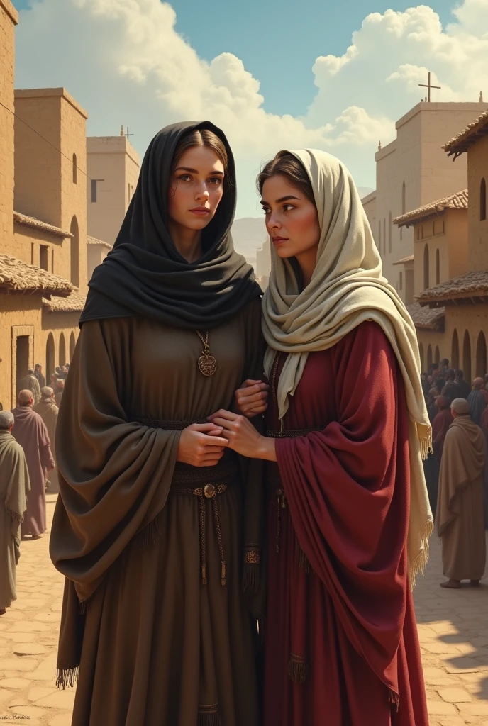 Realistic image of Ruth and Naomi from the Bible that shows a town of that time in front of it.