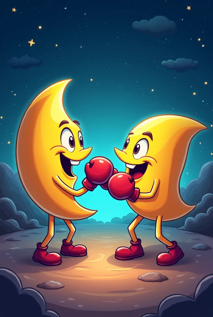 two animated crescent moons boxing