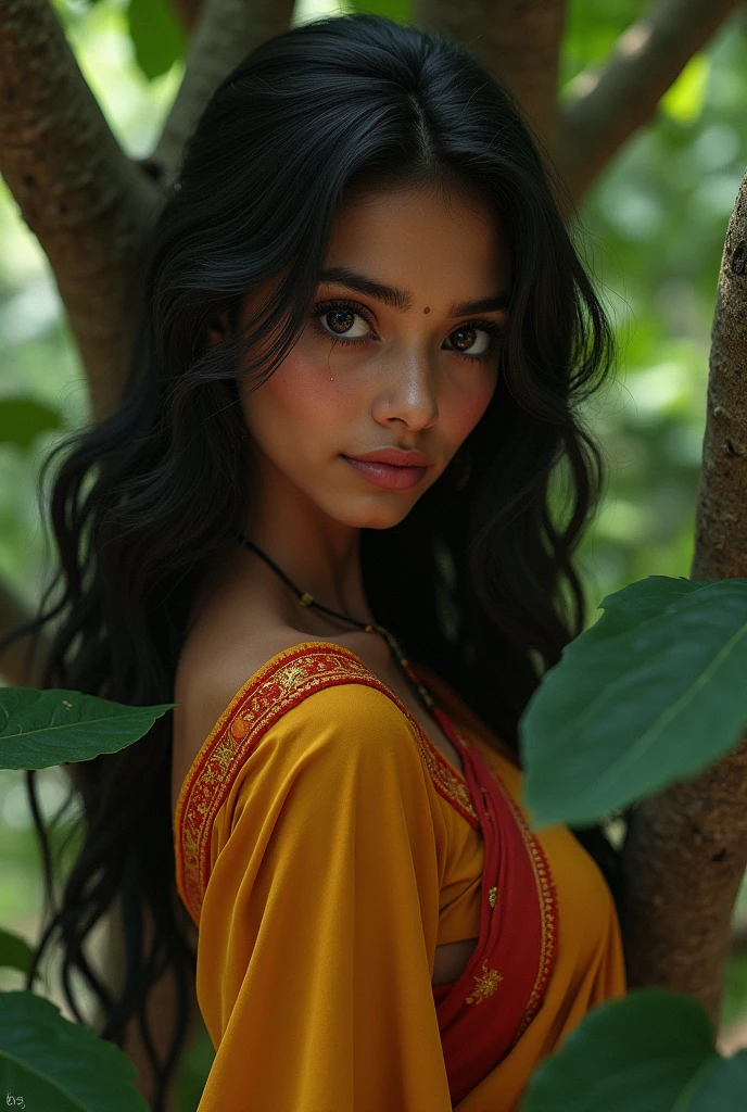 Girl with saree, big eyes, sharp nose, wet lips, long hair, read face, sexy body, in tree ,wer eyes